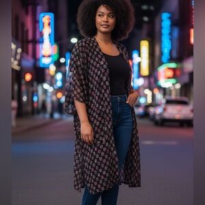 Avenue Zim & Zoe 22 Plus Duster Black Sheer Polka Dot Colorful 3/4 Sleeves NEW